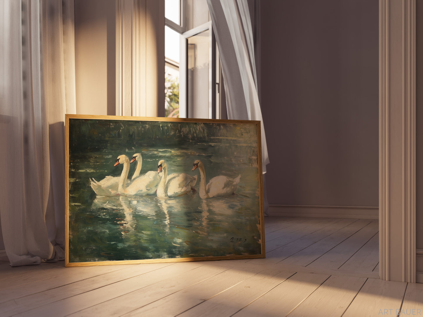 Elegant Swans in Pond | Framed Print | Ingall Nocturne, 2024